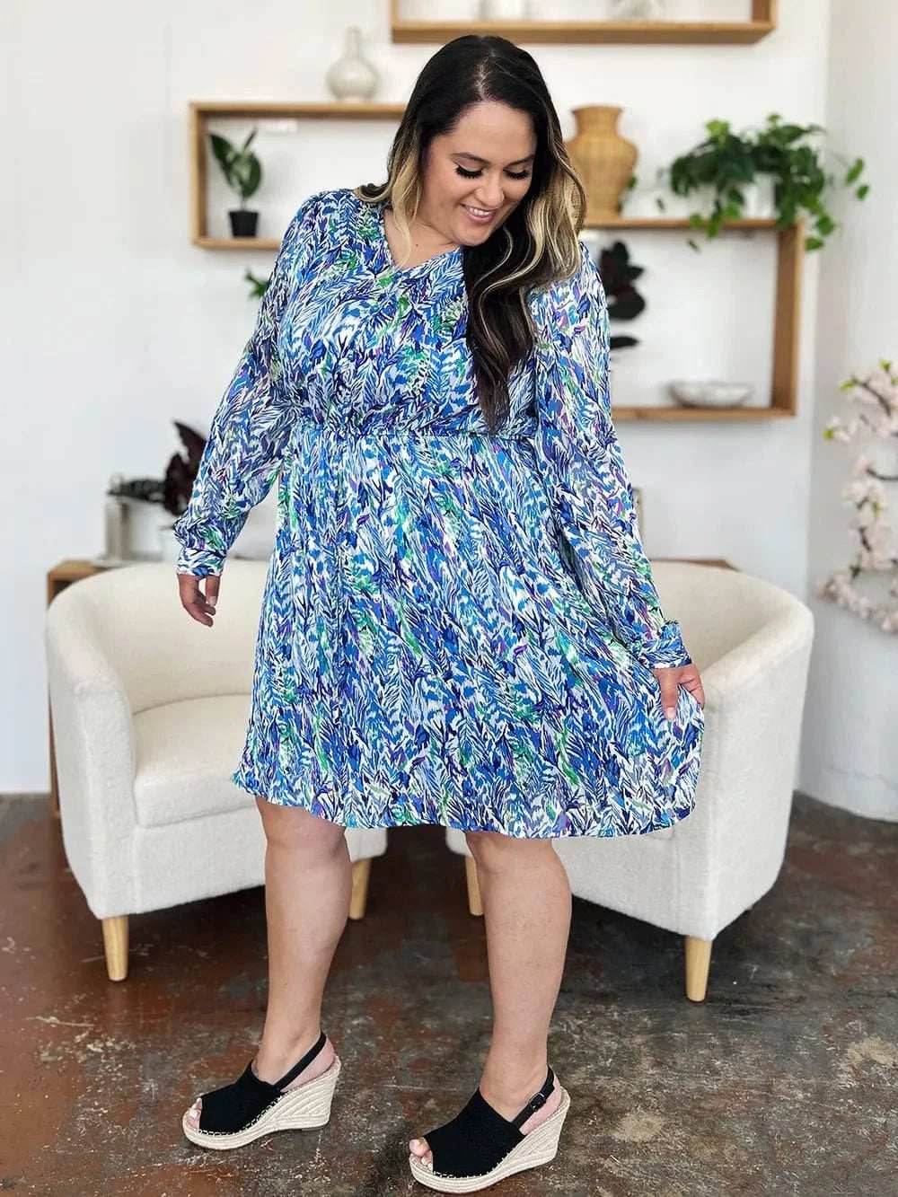 Double Take Full Size Printed Drawstring Waist Long Sleeve Dress - Trendsi - Flyclothing LLC