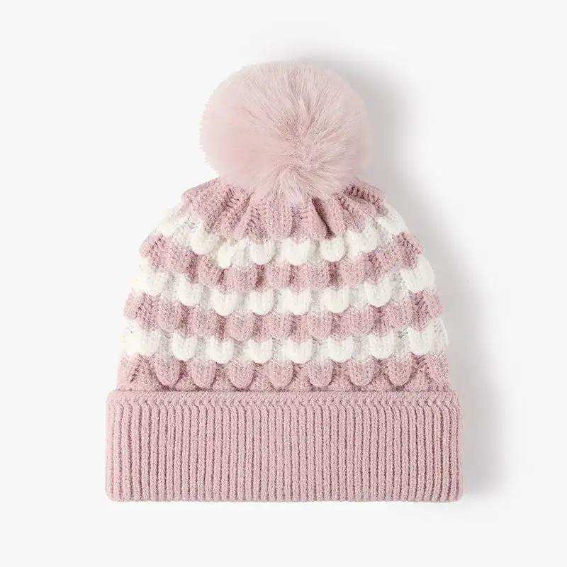 Striped Contrast Knit Hat with Pom-pom - Trendsi - Flyclothing LLC