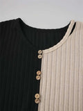 Decorative Button Contrast Round Neck Long Sleeve T-Shirt - Trendsi - Flyclothing LLC