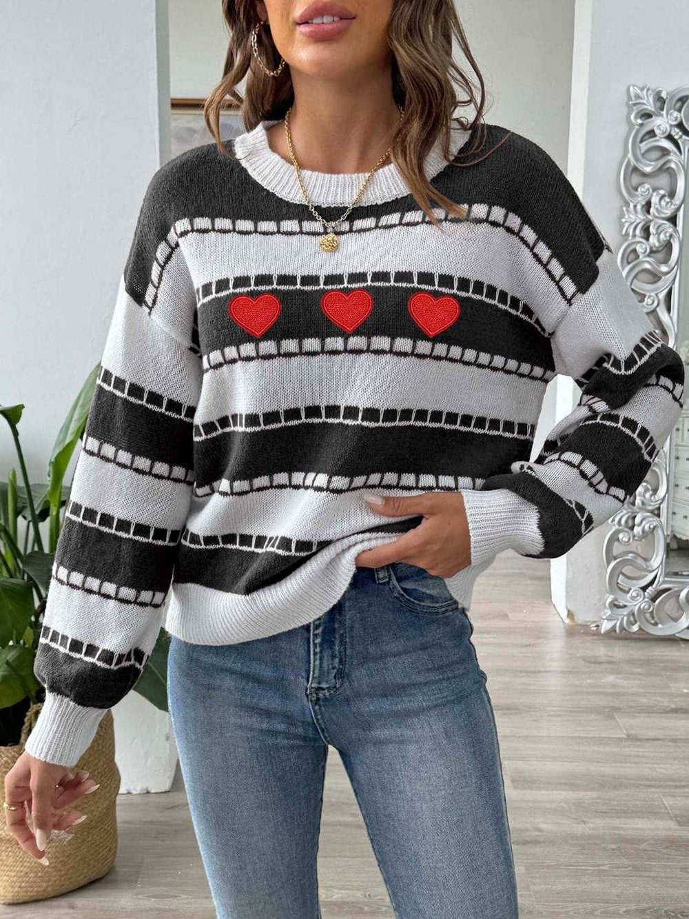 Heart Round Neck Long Sleeve Sweater - Trendsi - Flyclothing LLC