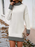 Striped Mock Neck Long Sleeve Sweater Dress - Trendsi - Flyclothing LLC