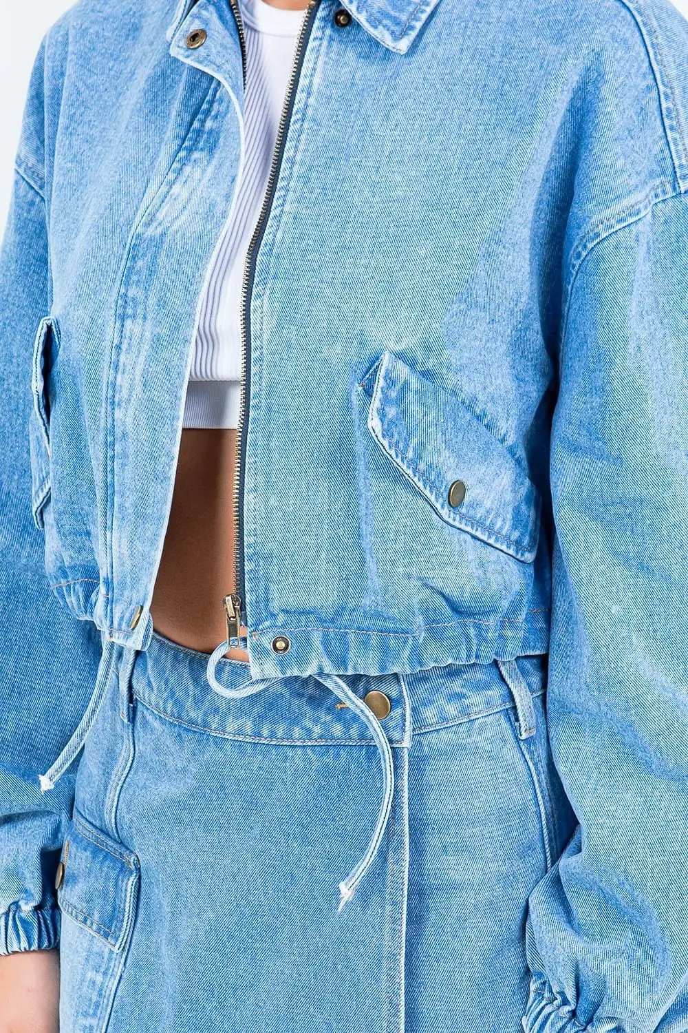 American Bazi Drawstring Waist Crop Denim Jacket - Trendsi - Flyclothing LLC