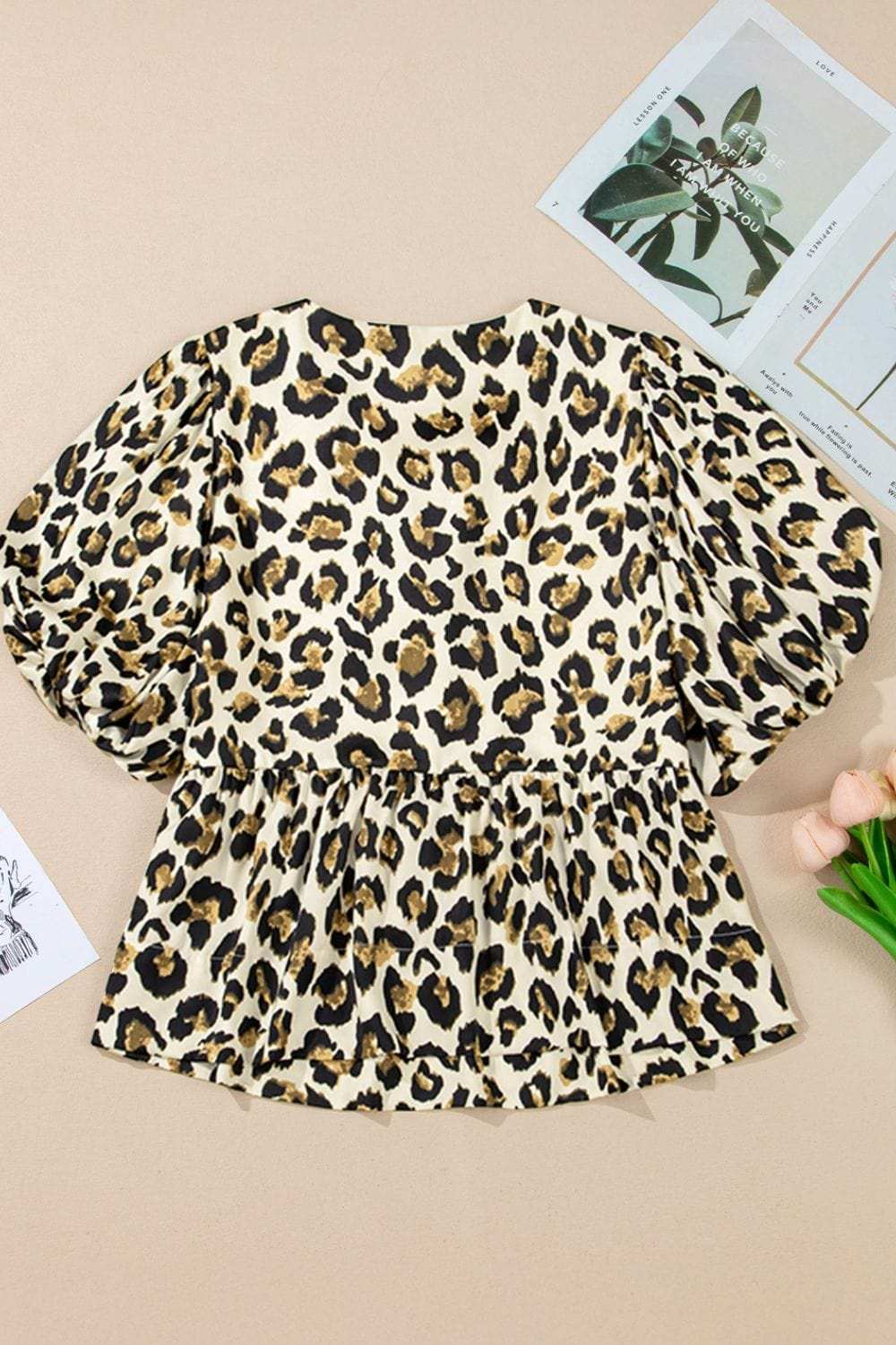 Leopard Bow Tie Front Puff Sleeve Peplum Blouse - Trendsi - Flyclothing LLC