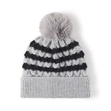 Striped Contrast Knit Hat with Pom-pom - Trendsi - Flyclothing LLC