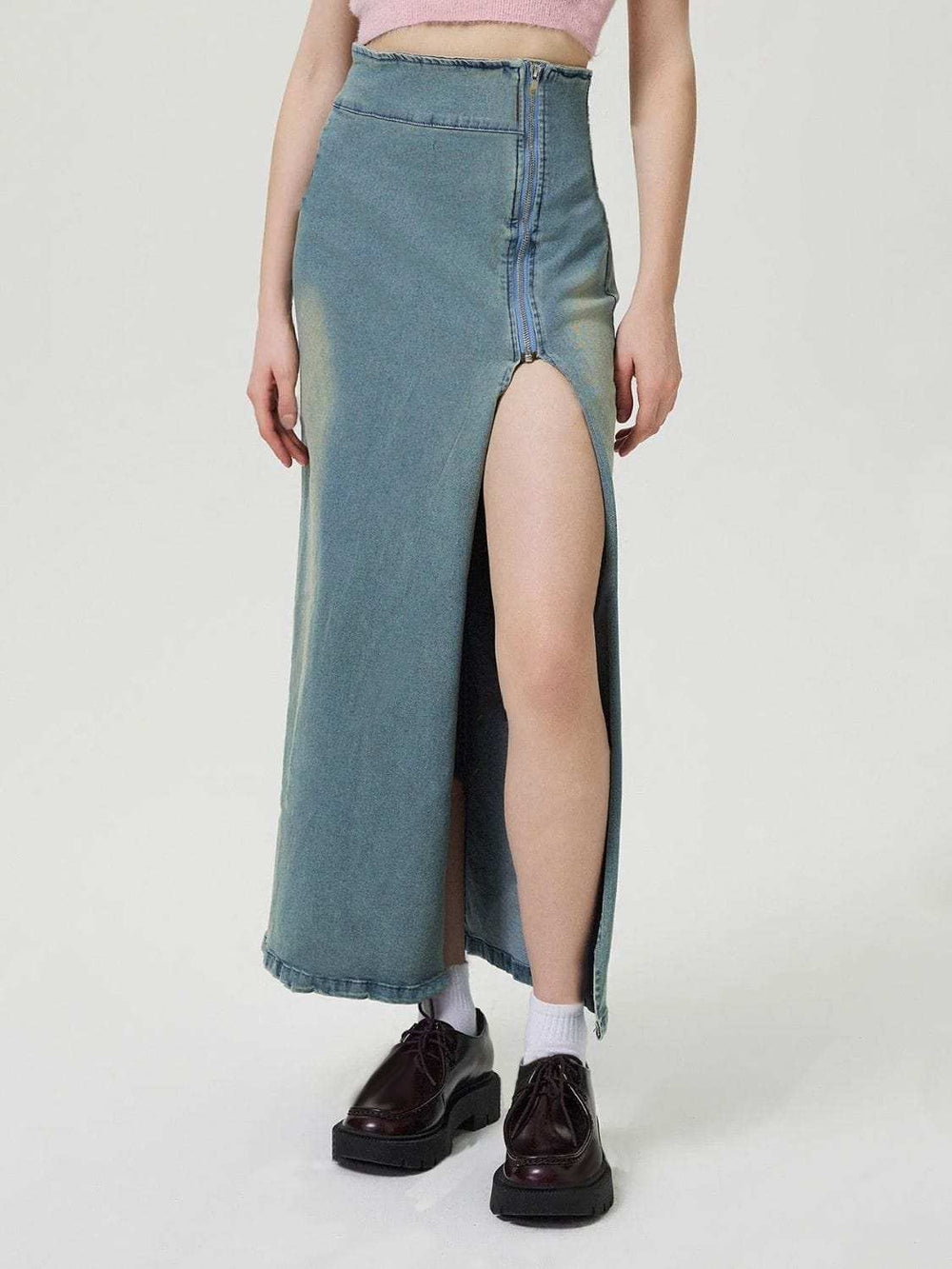 Slit Denim Skirt with Zip - Trendsi - Flyclothing LLC