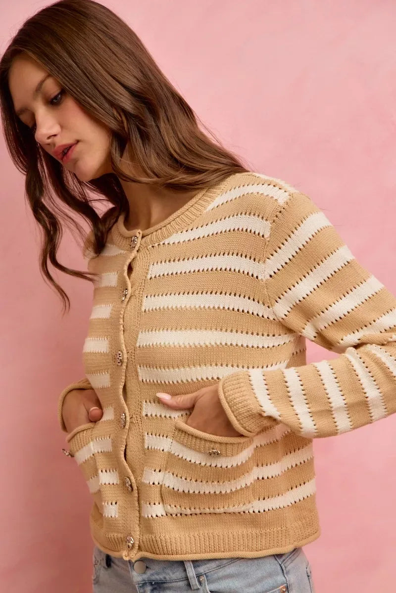 SO ME Stripe Long Sleeves Button Sweater Cardigan - Trendsi - Flyclothing LLC