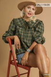 Umgee Full Size Plaid Ruffle Collar Blouse Plus Size - Trendsi - Flyclothing LLC