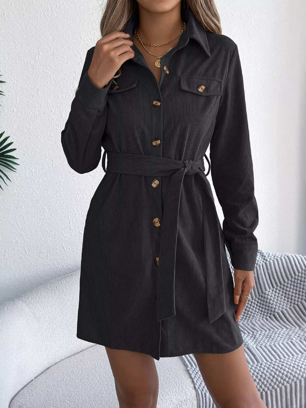 Button-Front Corduroy Shirt Dress - Trendsi - Flyclothing LLC