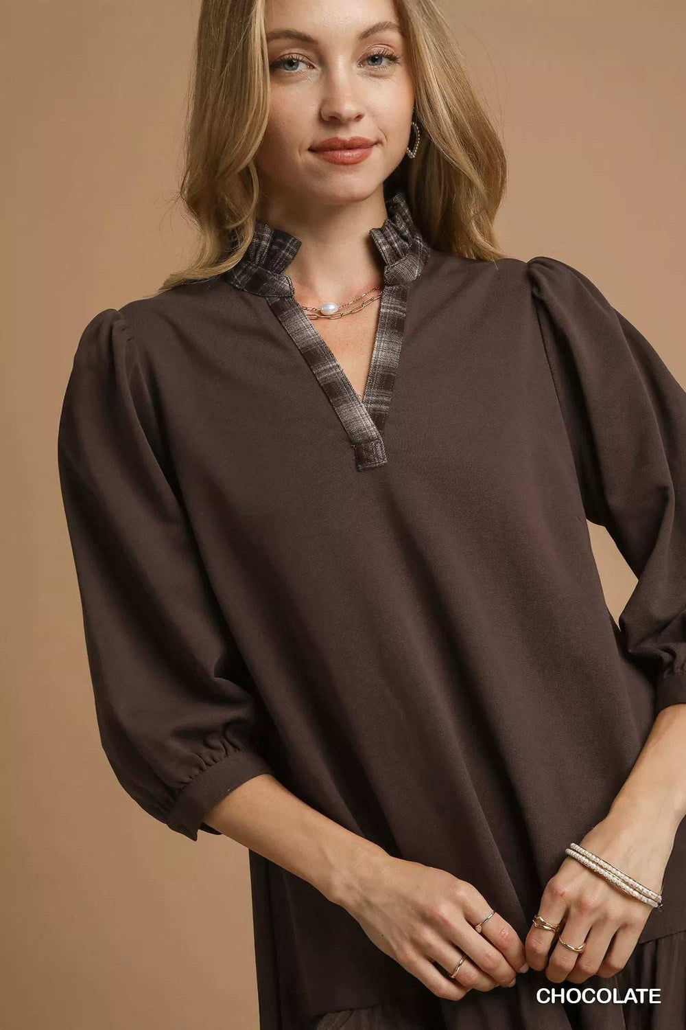 Umgee French Terry Ruffle Hem Dress with Plaid Trim - Trendsi - Flyclothing LLC