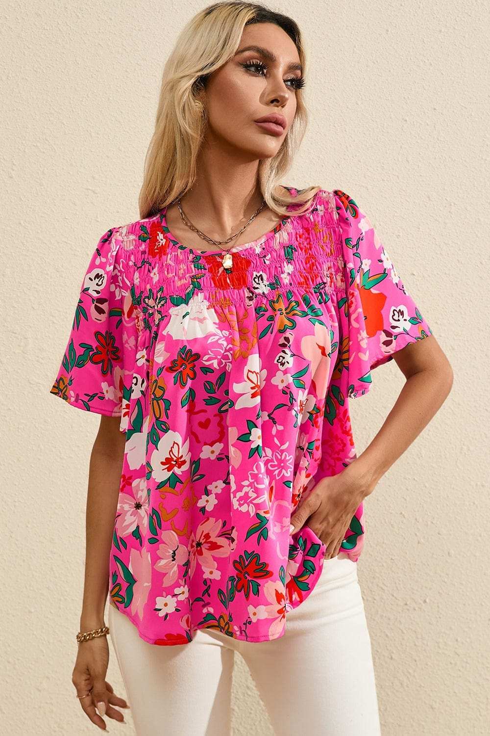 Smocked Printed Round Neck Half Sleeve Blouse - Trendsi - Flyclothing LLC