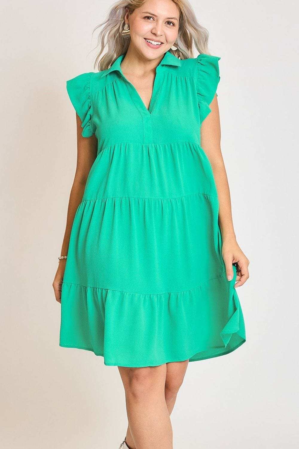 Umgee Full Size Johnny Collar Ruffle Cap Sleeve Tiered Dress Plus Size - Trendsi - Flyclothing LLC