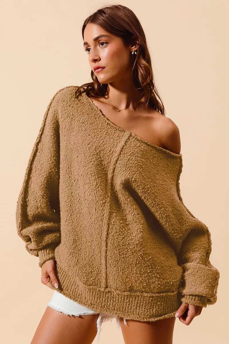 SO ME Loose Fit Exposed Seam Slouchy Boucle Sweater - Trendsi - Flyclothing LLC