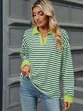 Striped Johnny Collar Long Sleeve Sweatshirt - Trendsi - Flyclothing LLC