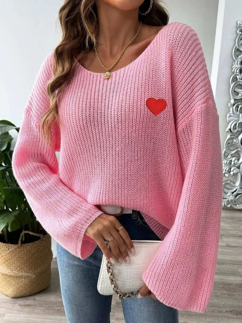 Heart Boat Neck Dropped Shoulder Sweater - Trendsi - Flyclothing LLC