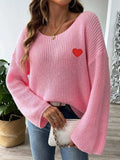 Heart Boat Neck Dropped Shoulder Sweater - Trendsi - Flyclothing LLC