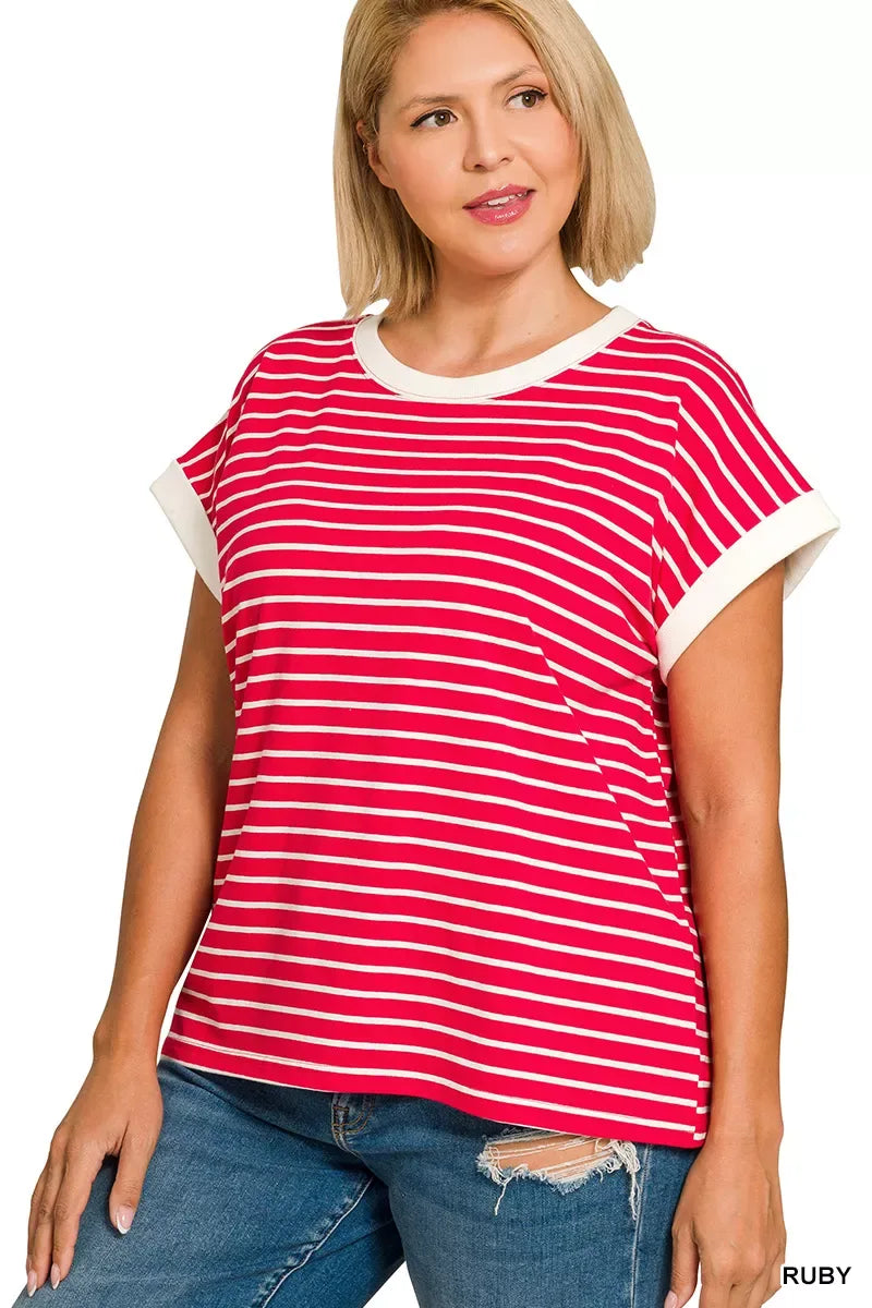 Zenana Full Size Contrast Trim Cap Sleeve Stripe Tee Plus Size - Trendsi - Flyclothing LLC