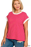 Zenana Full Size Contrast Trim Cap Sleeve Stripe Tee Plus Size - Trendsi - Flyclothing LLC