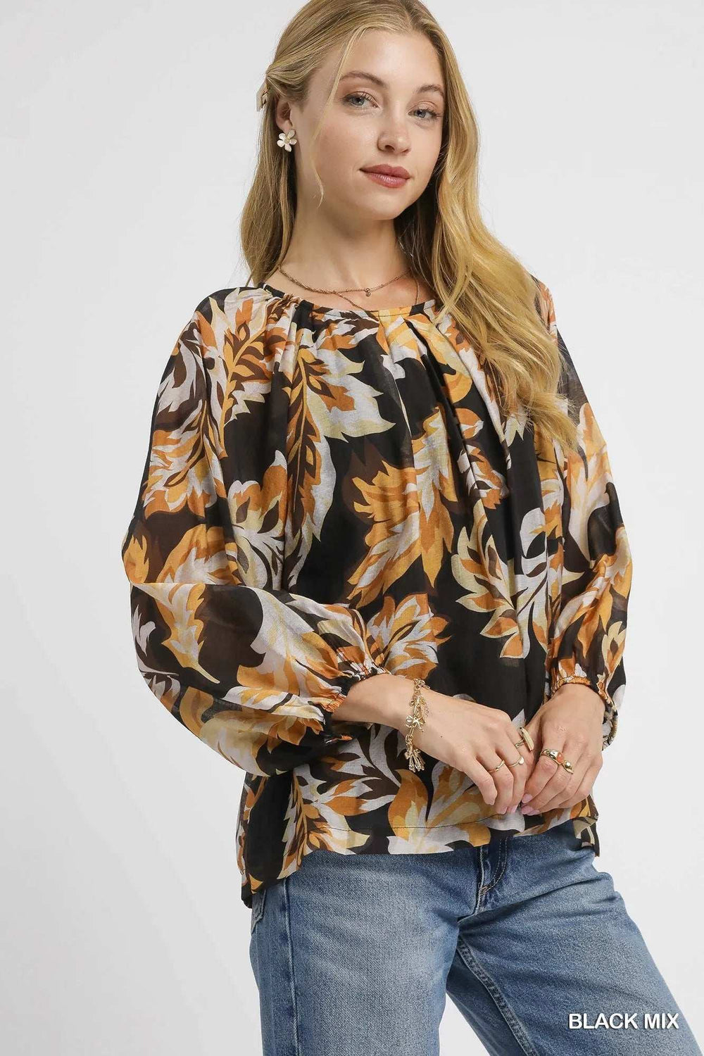 Umgee Autumn Leaf Print Balloon Sleeve Blouse - Trendsi - Flyclothing LLC