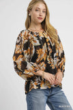 Umgee Autumn Leaf Print Balloon Sleeve Blouse - Trendsi - Flyclothing LLC