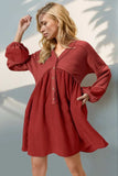 Double Take Waffle-Knit Contrast Half Button V-Neck Long Sleeve Mini Dress - Trendsi - Flyclothing LLC