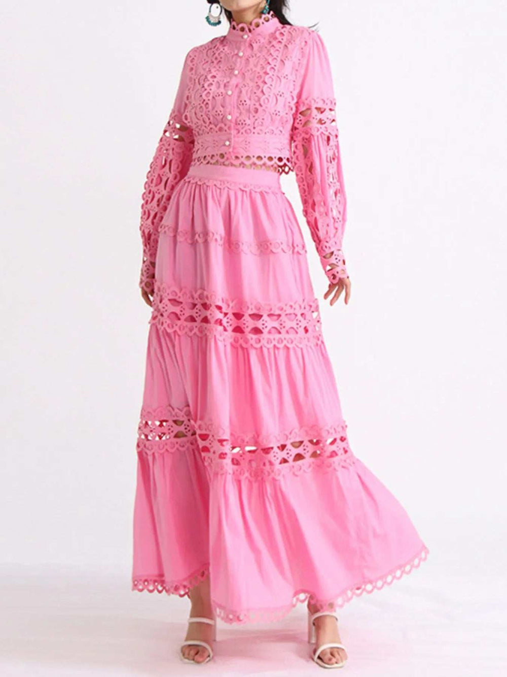 Lace Button Up Long Sleeve Top and Skirt Set - Trendsi - Flyclothing LLC