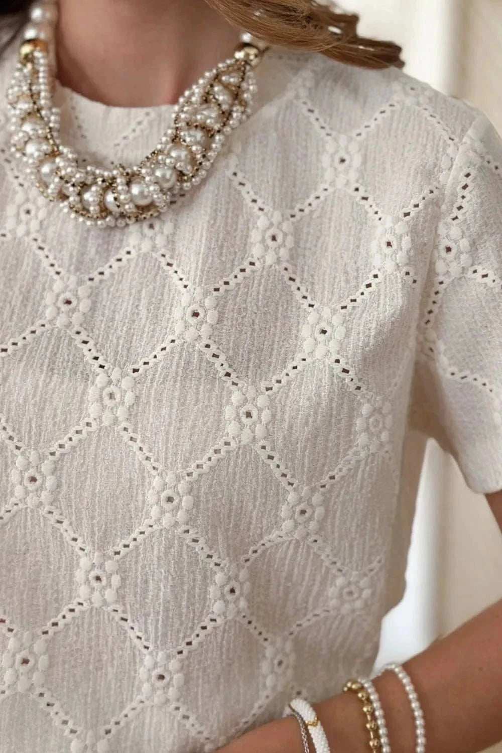 Eyelet Round Neck Short Sleeve Blouse - Trendsi - Flyclothing LLC