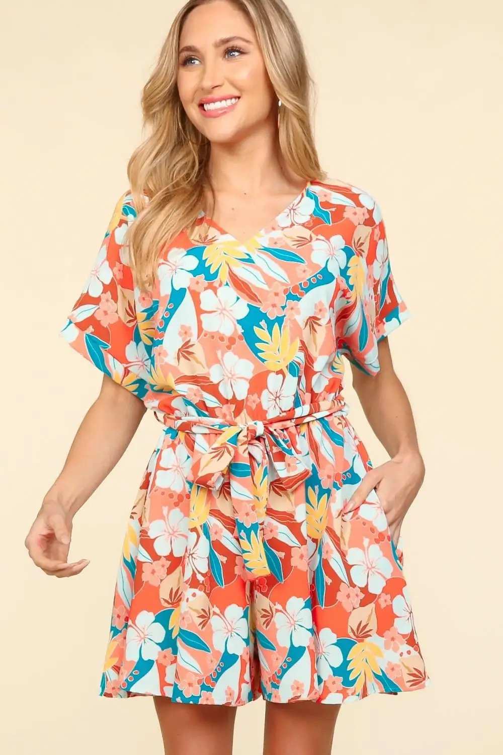 Haptics Tropical Floral Short Sleeve Tied Romper - Trendsi - Flyclothing LLC