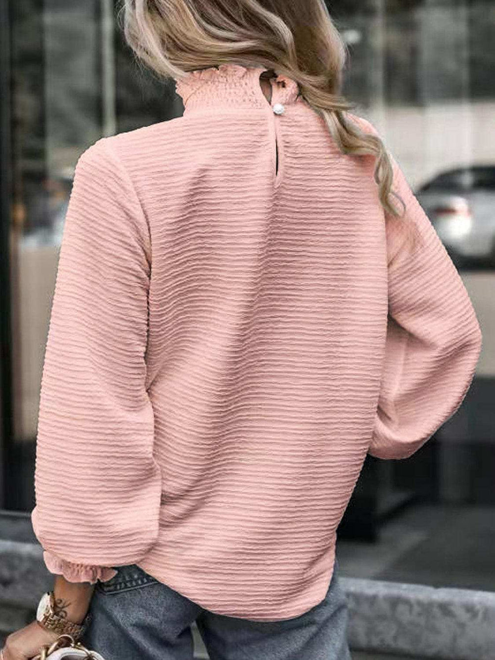 Smocked Frill Mock Neck Long Sleeve Blouse - Trendsi - Flyclothing LLC