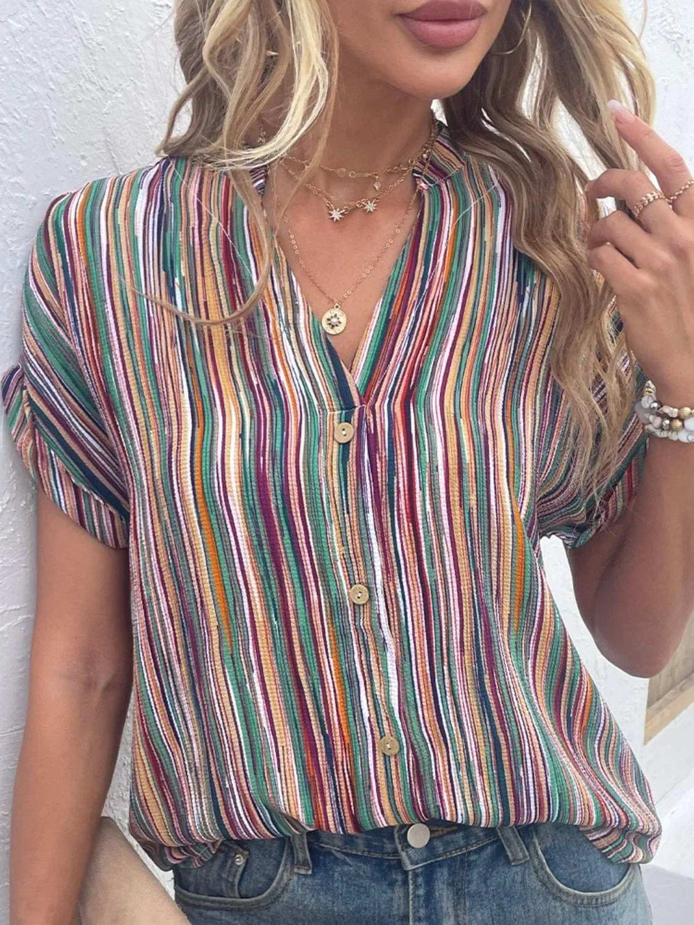 Striped Notched Short Sleeve Blouse - Trendsi - Flyclothing LLC