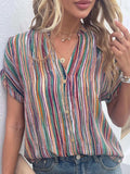 Striped Notched Short Sleeve Blouse - Trendsi - Flyclothing LLC