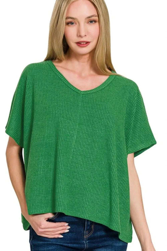 Zenana Ribbed V-Neck Short-Sleeve Knit Top - Trendsi - Flyclothing LLC