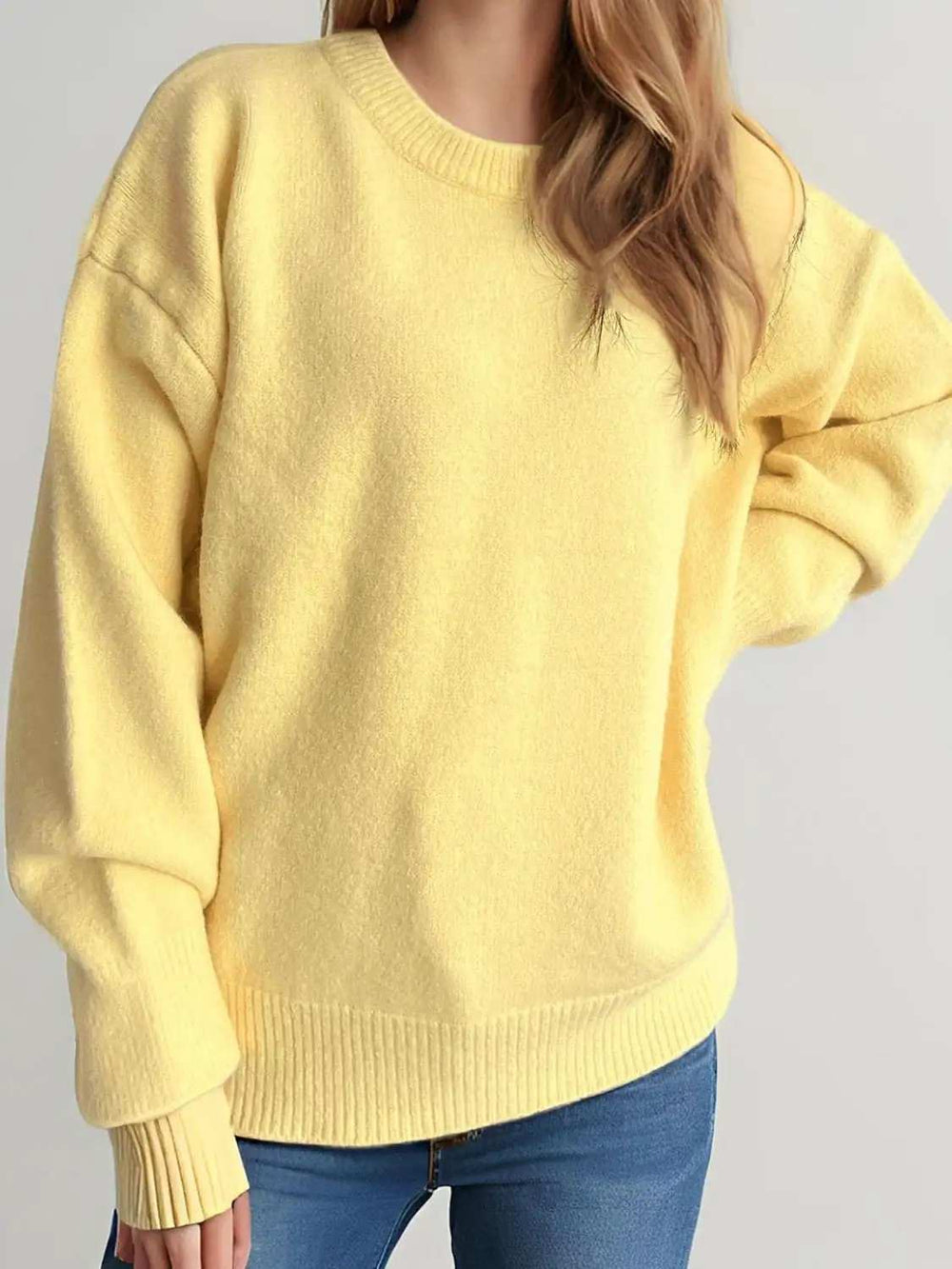 Round Neck Dropped Shoulder Long Sleeve Sweater - Trendsi - Flyclothing LLC