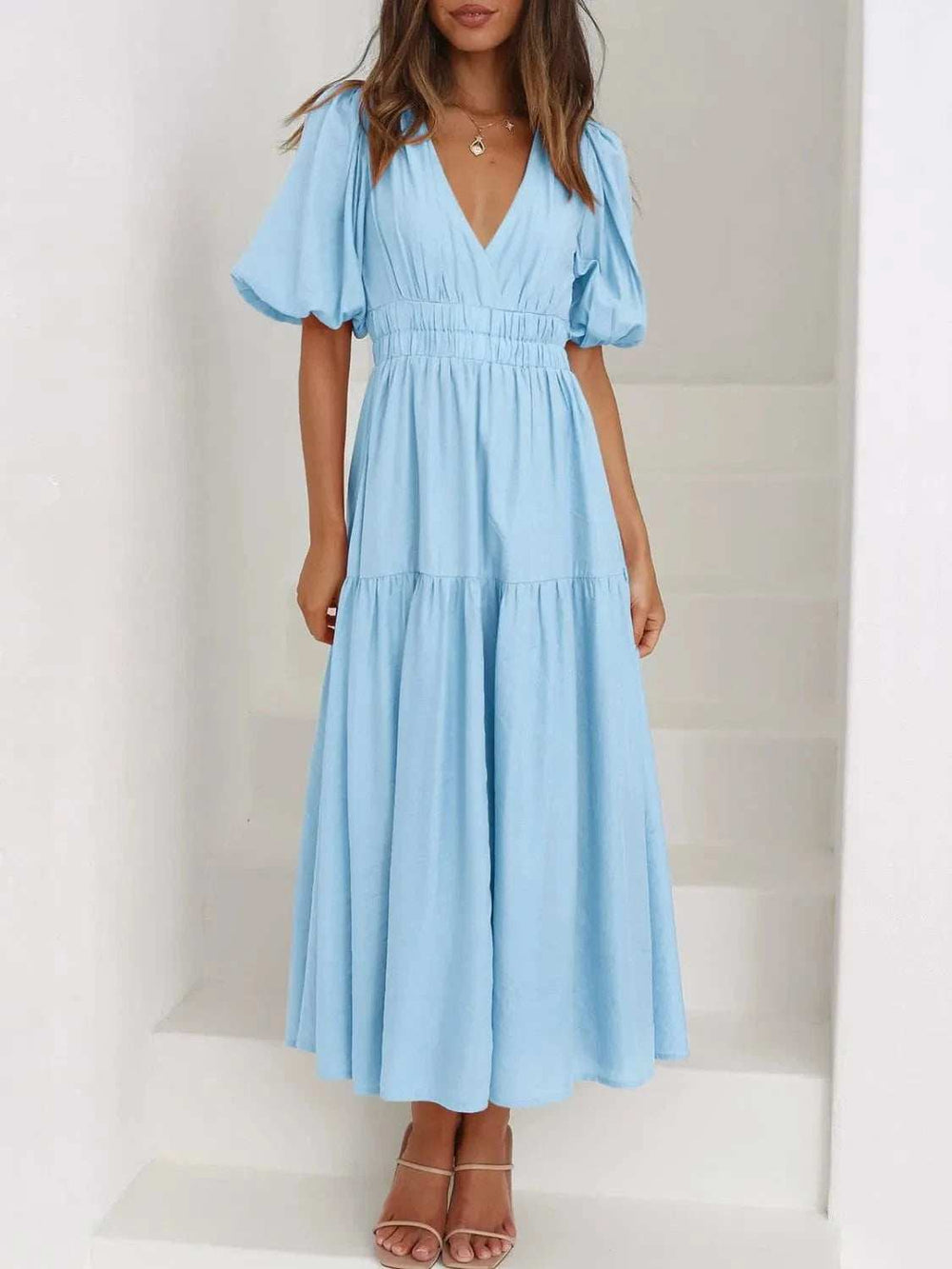 V-Neck Puff Sleeve Midi Dress - Trendsi - Flyclothing LLC