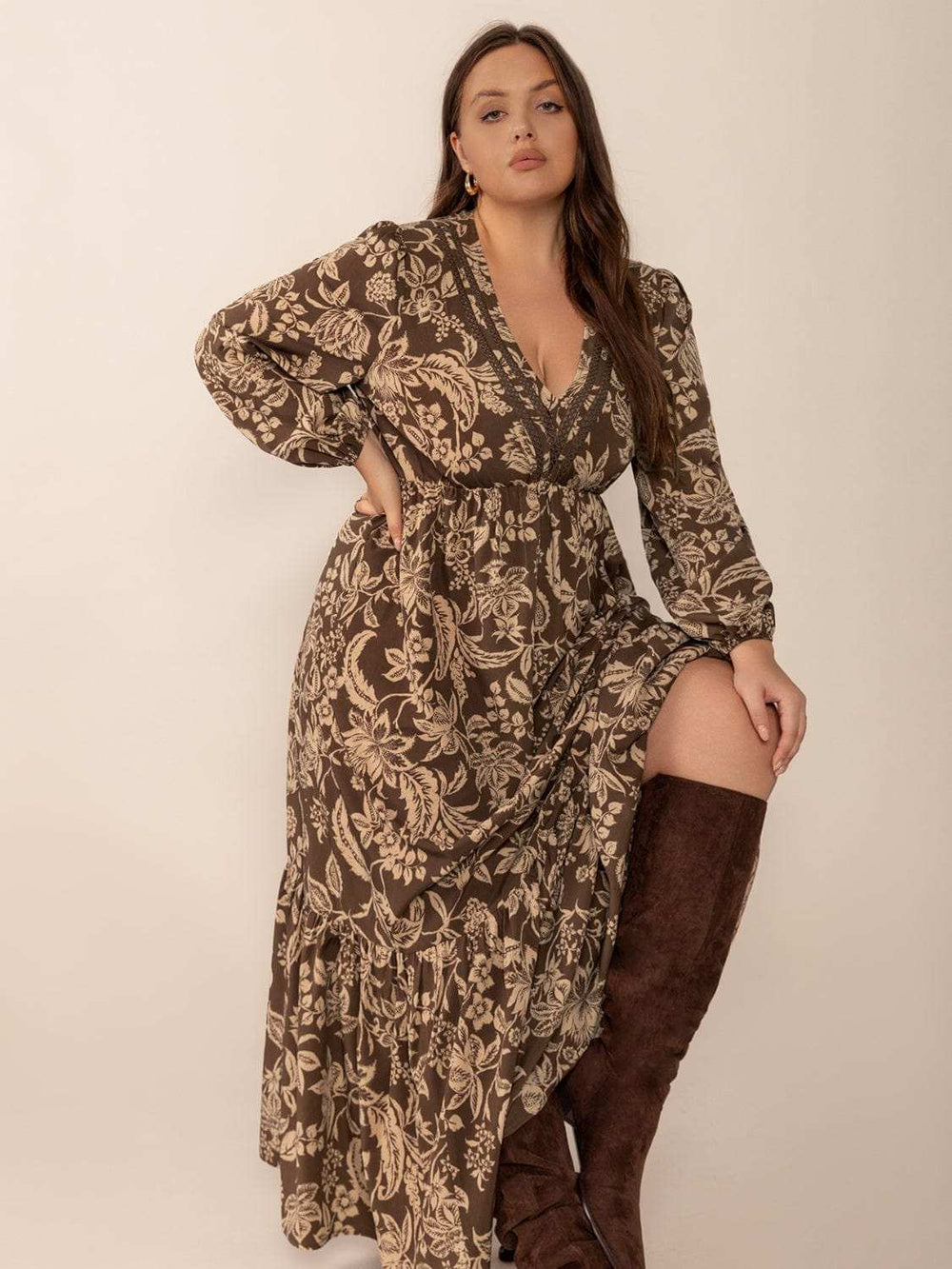 Plus Size Printed V-Neck Balloon Sleeve Maxi Dress - Trendsi - Flyclothing LLC