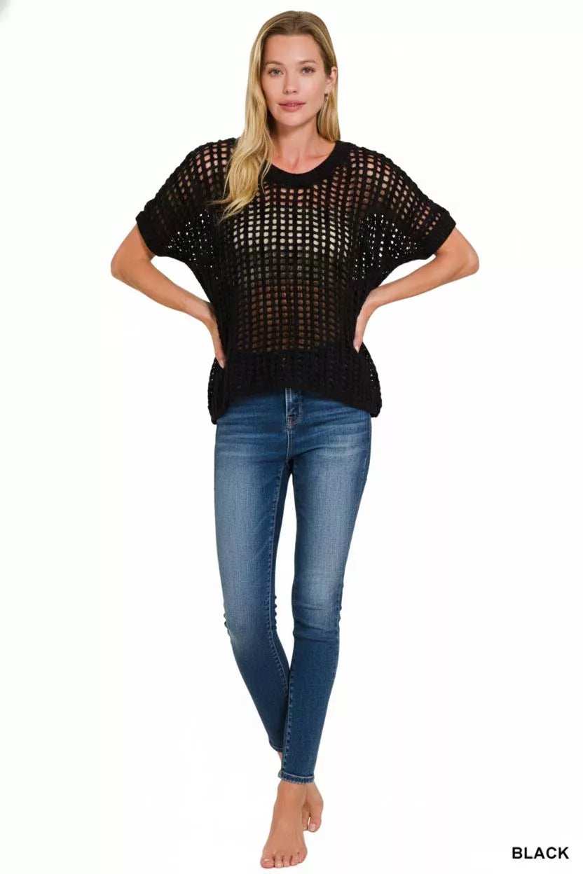 Zenana Fish Net Short Sleeve Crochet Knit Cover Up - Trendsi - Flyclothing LLC