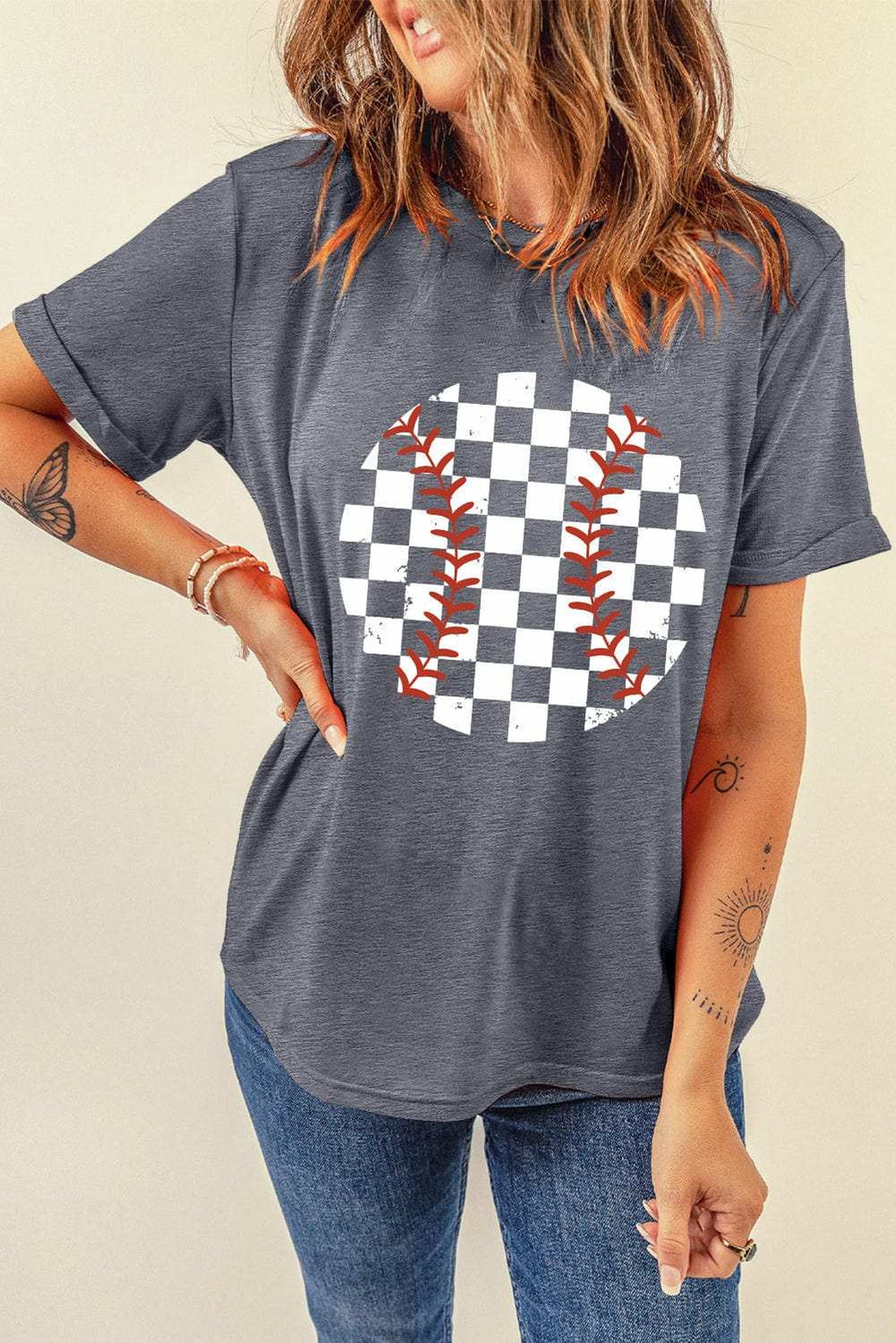 Checkered Graphic Round Neck Short Sleeve T-Shirt - Trendsi - Flyclothing LLC