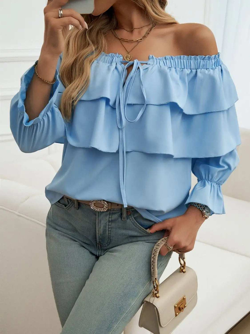 Off-Shoulder Flounce Sleeve Blouse - Trendsi - Flyclothing LLC