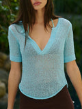 Notched Short Sleeve Knit Top - Trendsi - Flyclothing LLC