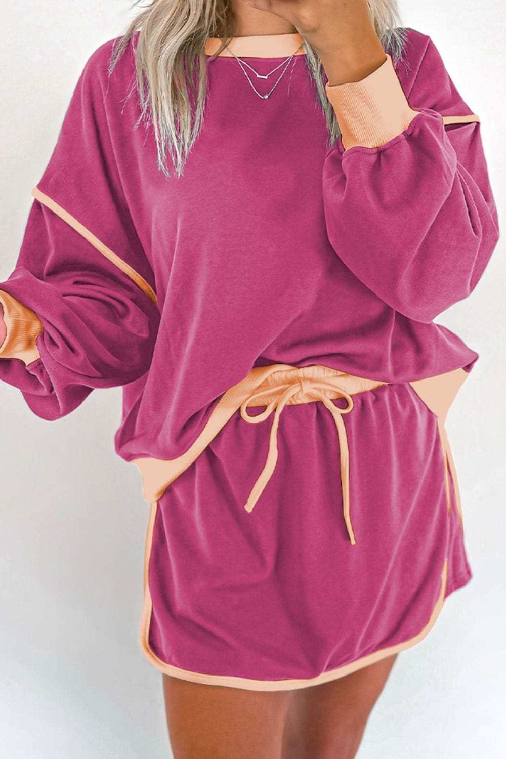 Contrast Trim Round Neck Top and Skort Set - Trendsi - Flyclothing LLC