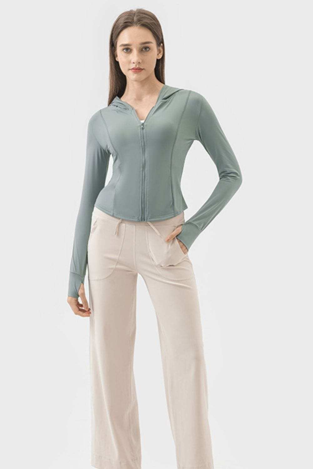 Pocketed Zip Up Hooded Long Sleeve Active Outerwear - Trendsi - Flyclothing LLC