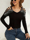 Rhinestone Cutout Long Sleeve T-Shirt - Trendsi - Flyclothing LLC