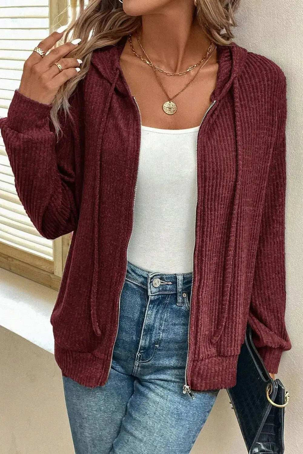 Drawstring Zip Up Long Sleeve Hooded Jacket - Trendsi - Flyclothing LLC