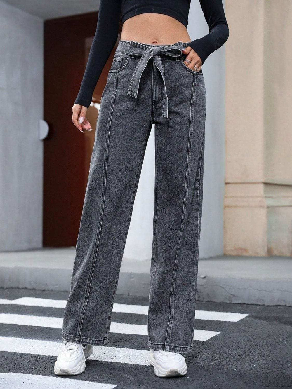 Tied Straight Leg Jeans with Pockets - Trendsi - Flyclothing LLC
