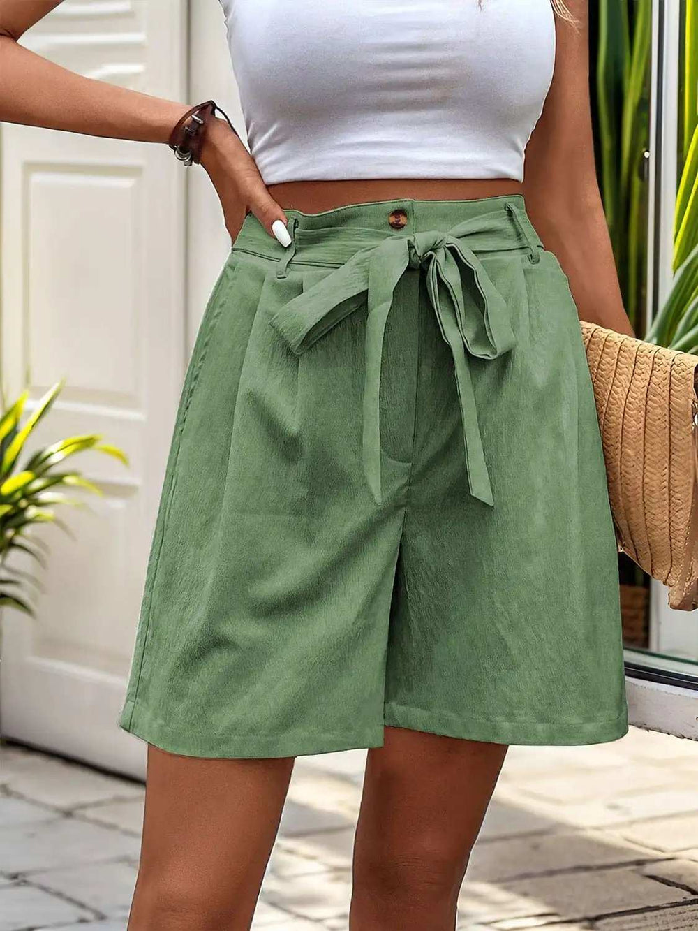 Tied High Waist Shorts with Pockets - Trendsi - Flyclothing LLC