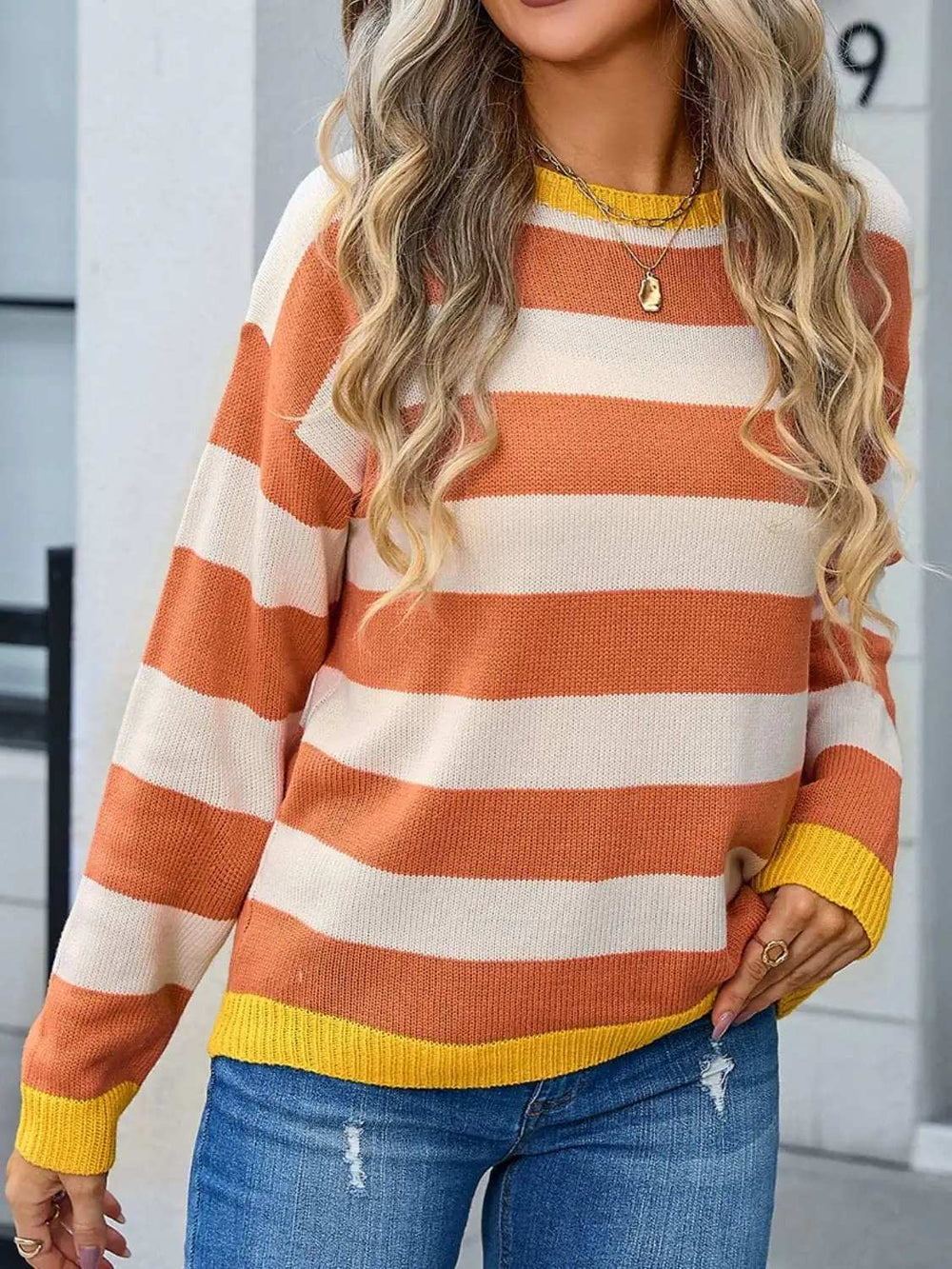 Striped Round Neck Dropped Shoulder Sweater - Trendsi - Flyclothing LLC