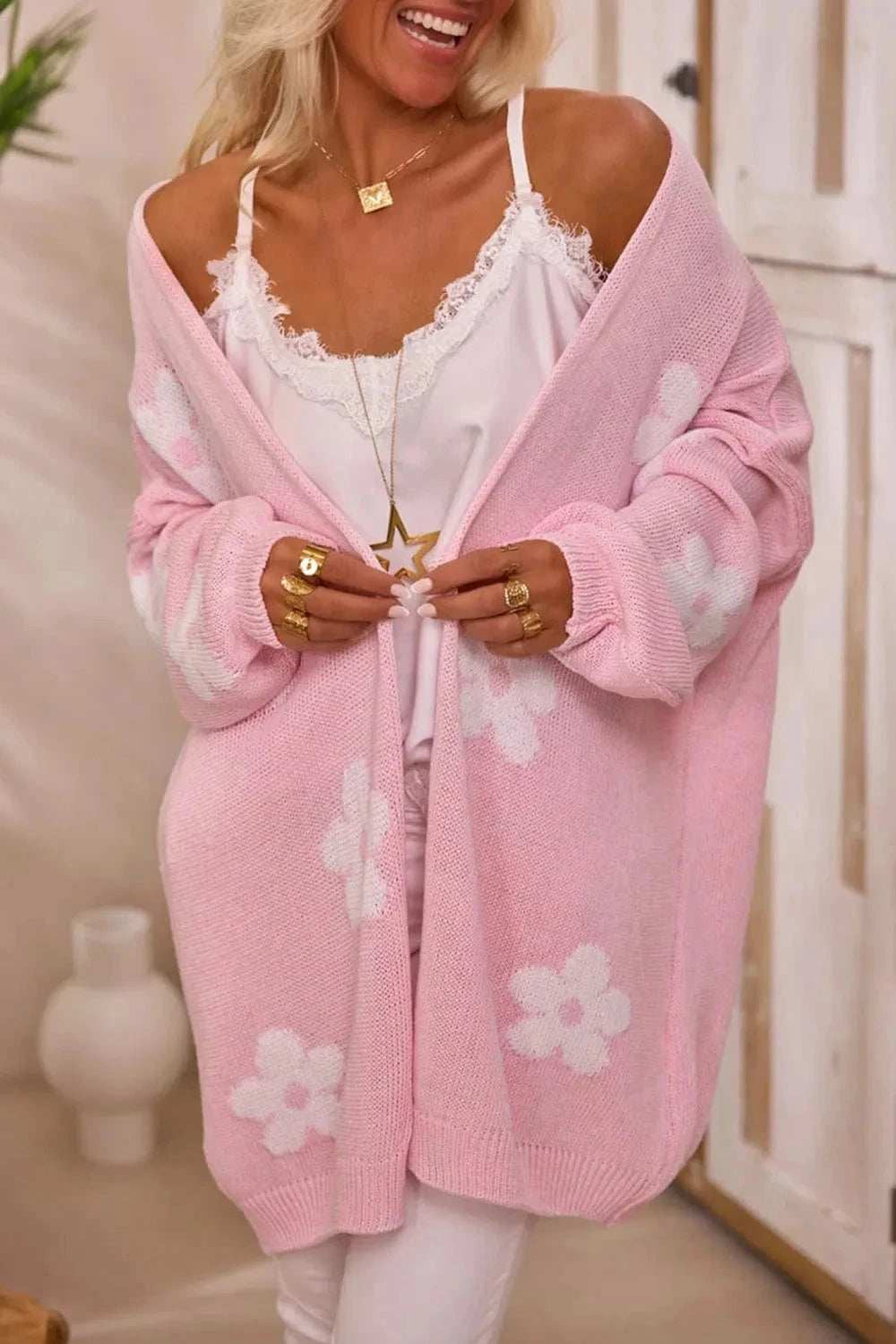 Flower Open Front Long Sleeve Cardigan - Trendsi - Flyclothing LLC