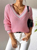 Contrast Trim V-Neck Long Sleeve Sweater - Trendsi - Flyclothing LLC
