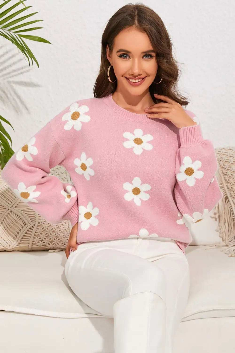 Flower Round Neck Dropped Shoulder Sweater - Trendsi - Flyclothing LLC
