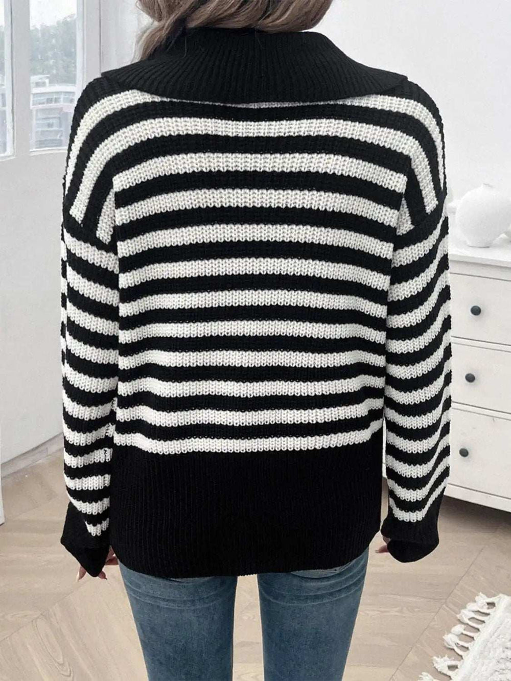 Striped Collared Neck Long Sleeve Sweater - Trendsi - Flyclothing LLC