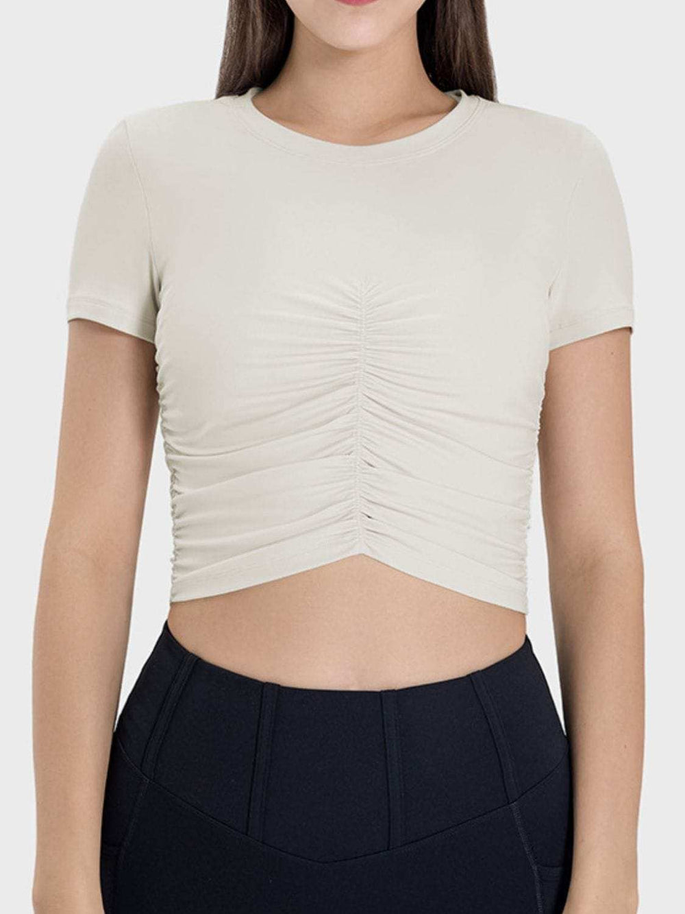 Ruched Round Neck Short Sleeve Active T-Shirt - Trendsi - Flyclothing LLC